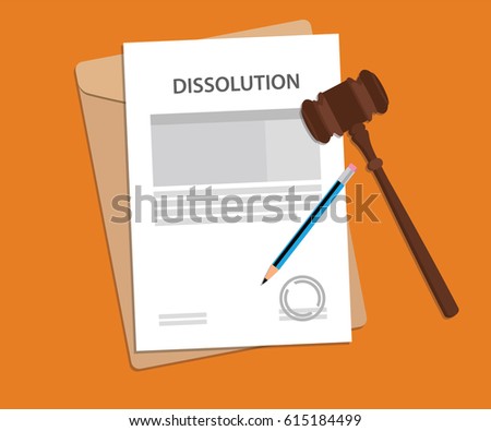 Dissolution text on stamped paperwork illustration with judge hammer and folder document with orange background