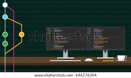 git code repository concept illustration with 3 monitor code program