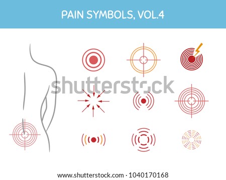 Set of pain markers for illustrations, medical and healthcare themed designs. Assorted icons showing pain focus, trigger points and painful areas of body. Vector elements, isolated on white.