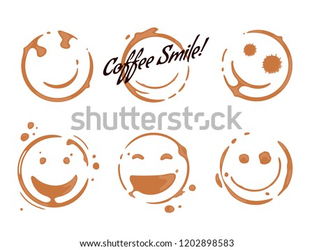 Collection of coffee cup round stains shaping smiles and smiling faces. Good mood concept. Vector drops and splashes on white.