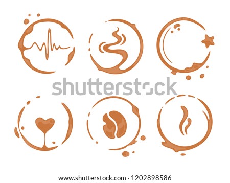 Collection of coffee cup round stains shaping symbols of heart, star, bean, steam, aroma, cardio pulse line. Logo for cafe, coffee house or perk. Vector drops and splashes on white.