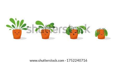 Cute sad wilted plant in a pot. Stages of withering, abandoned and scared houseplant without watering and care. Potted plant dying. Vector illustration