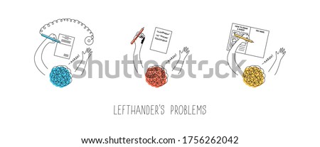 Left handed people problems. Using pen with chain in a bank attached to the right, smudging the ink, drawing in step-by-step-tutorial books. International lefthanders day. Vector illustration.