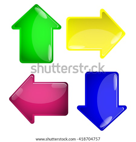 4 glossy arrow buttons. Color variation on white background. 3d volume effect. Colored glass icons for web and game apps. Vector illustration design elements.