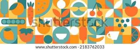 Food - set of geometric shapes, circles and squares drawn in flat cartoon vector. Fruits and vegetables in the modern trendy style of the 70s - apple, orange, lemon, cherry and peas.