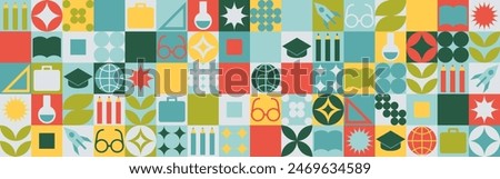 School seamless background for a stand made of geometric shapes, colored mosaic in a trendy style. Student and office worker template for wallpaper and web cover - globe, book. glasses, pencils.