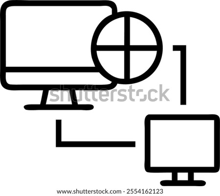 Monitor and Network Icons with Global Connection text isolated on white background concept as Camera movement Focus on the monitor and network icons highlighting global connectivit