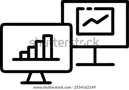 Monitor and Chart Icons with Data Presentation text isolated on white background concept as Camera movement Focus on the monitor and chart icons emphasizing data presentation in vi