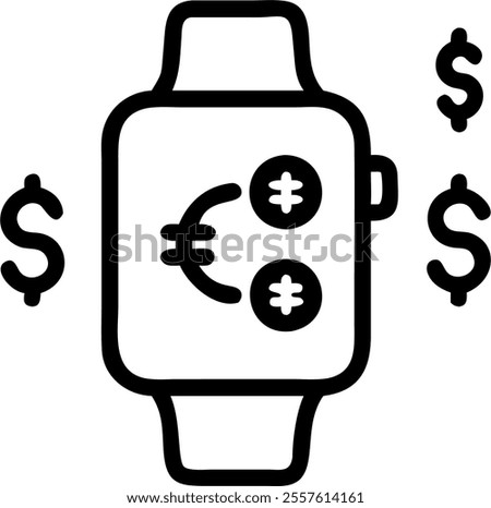 Smartwatch with Holographic Dollar and Euro Signs concept as A smartwatch with holographic icons of dollar and euro signs floating above the watch face isolated on a white background. The design is mi