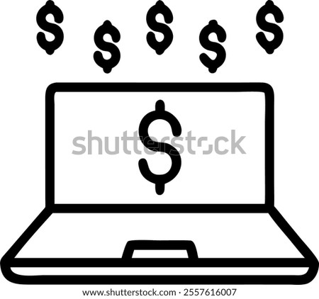 Laptop with Holographic Dollar Signs concept as A laptop displayed on a glossy white surface with holographic dollar signs representing profits and savings floating above the keyboard. The design is s