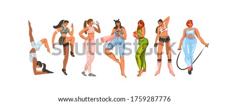 Hand drawn vector abstract stock flat graphic illustration collection set bundle with sport fitness training women in sportwear isolated on white color background.Home fitness concept