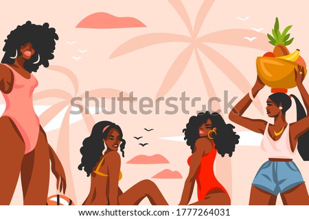 Hand drawn vector abstract stock flat graphic illustration with young ,happy black afro american beauty women group in swimsuit on sundown view scene on the beach isolated on pink pastel background