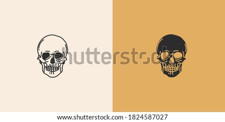 Hand drawn vector abstract stock flat graphic illustration with logo elements set,skull outline art and silhouette,magic art in simple style for branding,isolated on color background