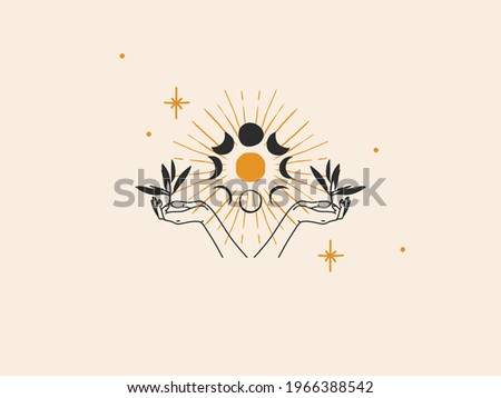 Hand drawn vector abstract stock flat graphic illustration with logo element,bohemian magic line art of gold sun,woman hand and moon phases in simple style for branding,isolated on color background