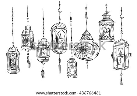 Hand drawn Ramadan Kareem and mosque background,beautiful greeting card design elements.Vector illustration with flashlights. Islamic Festival celebration.Arabic lined lanterns isolated on white.