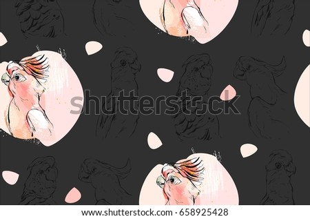 Hand drawn vector abstract textured graphic seamless pattern collage with exotic tropical parrots in pastel color isolated on black background.