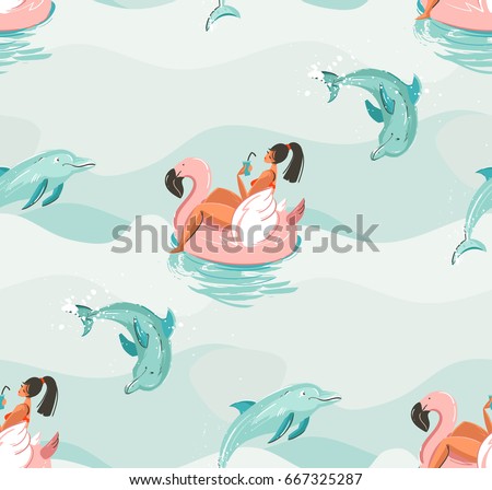 Hand drawn vector abstract cute summer time seamless pattern with beach girl swimming on pink flamingo float circle and dolphins in blue ocean water waves texture background