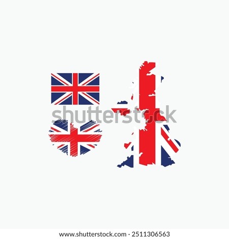 UK map with flag imbedded inside with 2 United Kingdom flags heart flag and straight flag vector illustration