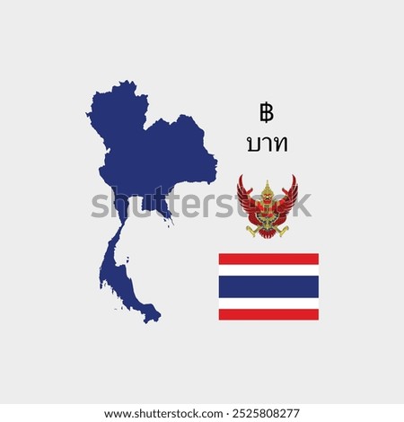 Thailand Map. Flag. Currency Sign And Emblem