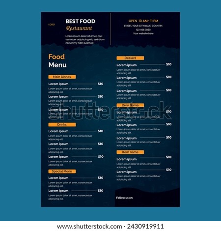 One  pager  Modern Restaurant Food Menu vector template in amazing color 