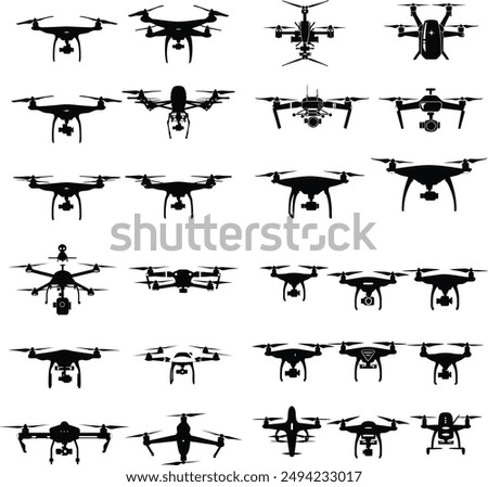 A comprehensive set of drone silhouettes in various shapes and designs, showcasing quadcopters, hexacopters, and other multi-rotor configurations.