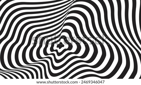 Black-white striped lines nirmana, op art, optical illusion. Psychedelic abstract background with hypnotic pattern. Modern minimalist design texture.