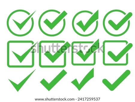Green check mark and red cross icon set, circle and square. Tick symbol in green color. Hand drawn checkmark illustration. Vector illustration