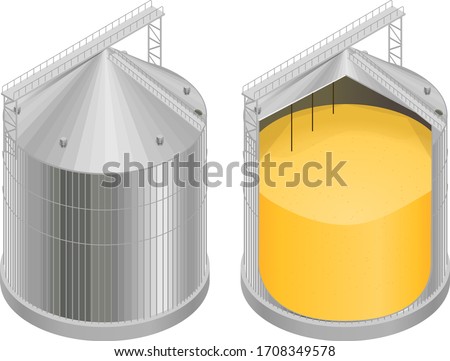 Vector illustration of a silo with grain in a section, a diagram of the elevator device, a granary. Isometry