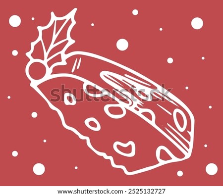 The picture shows a piece of Christmas cake cut off from the main part. decorated with icing and cranberries on top.This image can be used in stories, posts, postcards, banners. White and red colors.