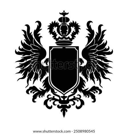 Black silhouette of a vintage shield with winged and crown outline thick view isolated white background