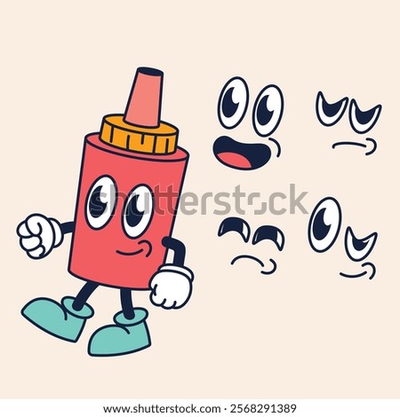 Cartoon retro 80s ketchup sauce character with expression face, vector comic fast food. Groovy funky ketchup sauce plastic bottle walk