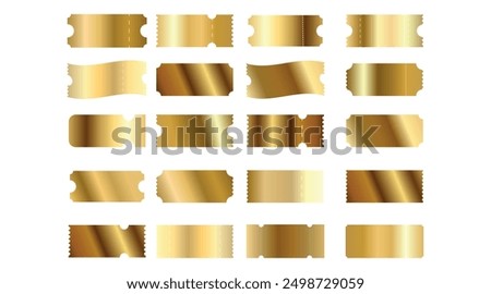 Golden big blank tickets set. Realistic gold mockup tickets. Invite tickets for casino, theater, cinema, movie, film, festival, club, music, concert, boarding, lottery.