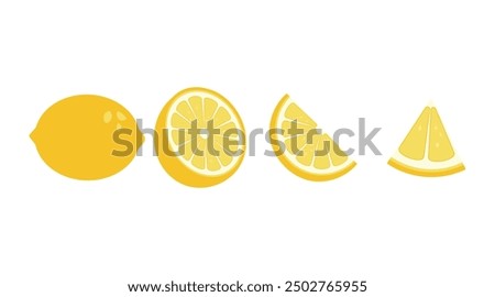 Vector set of yellow fresh lemon icon. Lemon fruits on white isolated background. Lemon slices collection