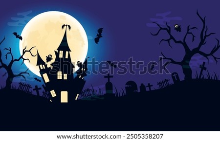 Halloween Spooky Nighttime Scene Horizontal background with bats, full moon, witch castle, evil trees, graves, ghosts. Happy Halloween vector scary design. Halloween banner, party invitation