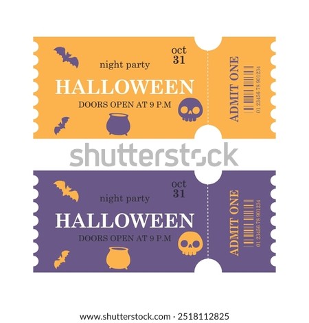 Happy Halloween two invitation tickets set with skull, bats. Vector ticket design template for Halloween night party invitation