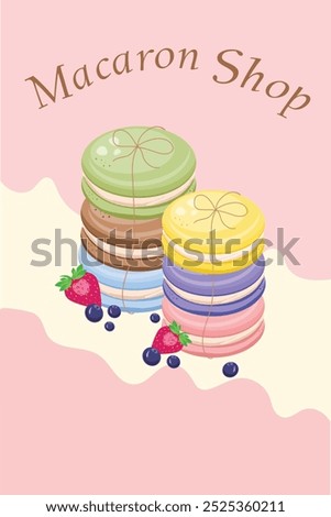 Sweet macarons shop card with blueberry and strawberry and pink background.vector illustration Illustration