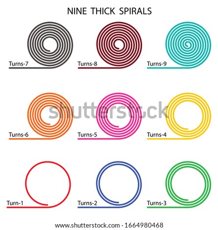 Vector colorful nine spirals on white background. Each have different colors and number of turns.