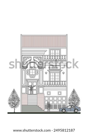 Facade of asymmetrical 3 storey classic building with a garage, 2 columns, 1 doors, 2 windows, stair, 2 sets balustrade and a crowns