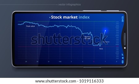 Stock market index chart on the blue screen of imaginary smartphone. Graph of investment loss on the display of modern device. Mock up of phone for business infographic. Vector realistic illustration.