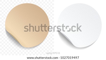 Vector set of round adhesive stickers with a folded edges. Tan cardboard and white paper circles. Blank templates of a price tags. Empty mockup for any memos. Realistic textures. Transparent shadows.