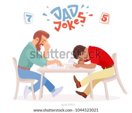 Dad jokes battle. Two adult men at the table tries to make each other laugh. Bearded white male hides his chortle under a facepalm, black man almost dies of laughter. Original logo of funny challenge.