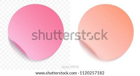 Vector set of round adhesive stickers with a folded edges. Paper circles. Fuchsia pink and pinkish peach gradients. Blank template. Empty mockup of tags. Realistic textures. Gentle watercolor shades.