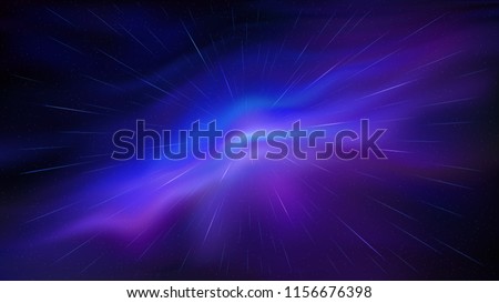 Futuristic flight through the violet and blue interstellar space. Burst of starry trails. Jump through the hyperspace. Scattering of stars. Wavy nebula. Radial meteor shower. Vector Full HD wallpaper.