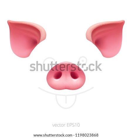 Pink ears and nose for carnival costume of piggy.  Elements of pig mask. Facial items of Chinese New Year symbol. Natural realistic template for overlay effect in selfie app, video chat, photo booth.