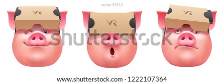 Funny portraits of the pig which has fun with a cheap cardboard VR glasses. Virtual reality headset with inserted smartphone. Set of swine heads with a different emotions. Realistic vector emoji.