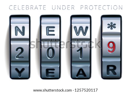 Celebrate under protection. Steel combination lock with a greeting text New 2019 Year. Realistic vector case code lock. Design for companies which specializing in data protection and security service.