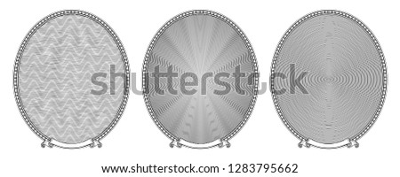Vector set of oval frames in vintage style. Retro border and various guilloche fills. Engraving, etching. Empty spaces to fit the some portraits like a heads of historical politicians on banknotes