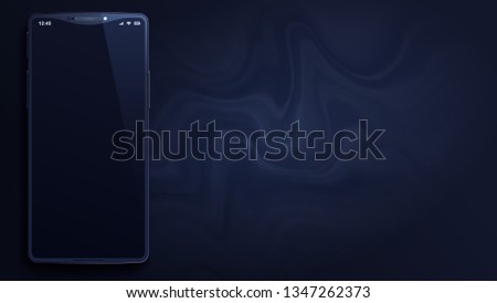 Black smartphone is on abstract dark marbling background. Imaginary phone with original shape of a frame. 3d realistic vector image. Dark gray wallpaper with a trendy fluid painting. 16:9 aspect ratio