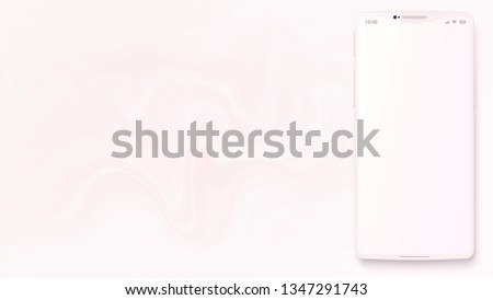 Pearl white smartphone is on abstract marbling background. Imaginary phone with original shape of a frame. 3d realistic vector image. Nacreous wallpaper with a trendy fluid painting. 16:9 aspect ratio