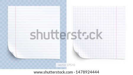 Vector set of stickers with a texture of school notebooks. Lined and squared paper. Blank icons. Empty mockup for memos and educational apps. Frame with a folded corner. 